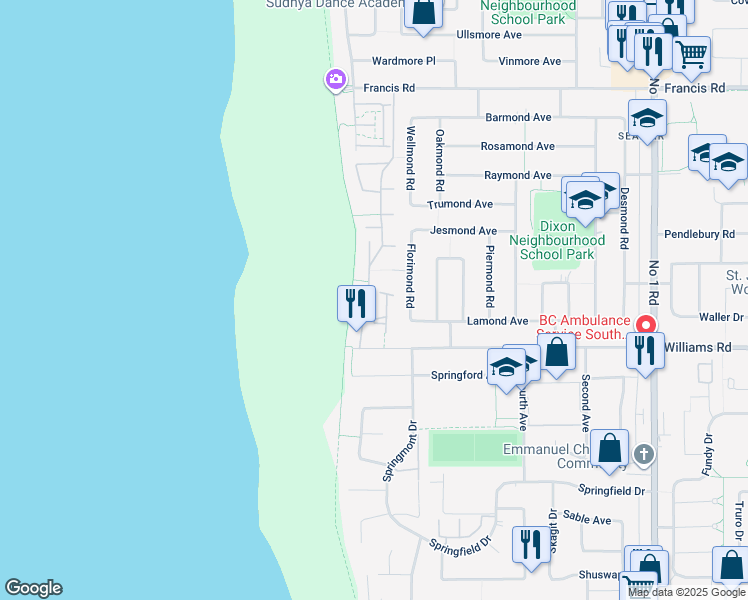map of restaurants, bars, coffee shops, grocery stores, and more near 73 Edgewater Park Lane in Richmond