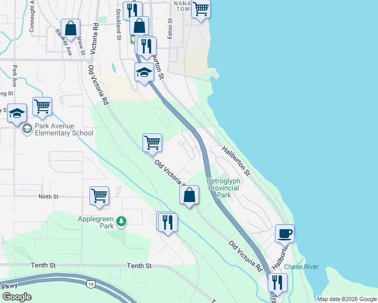 map of restaurants, bars, coffee shops, grocery stores, and more near 369 Petroglyph Crescent in Nanaimo