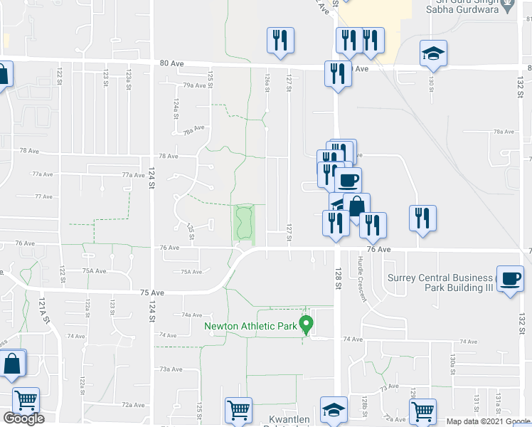 map of restaurants, bars, coffee shops, grocery stores, and more near 7739 126A Street in Surrey