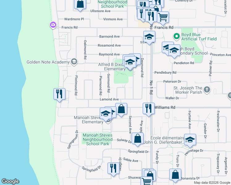 map of restaurants, bars, coffee shops, grocery stores, and more near 9291 Kirkmond Crescent in Richmond