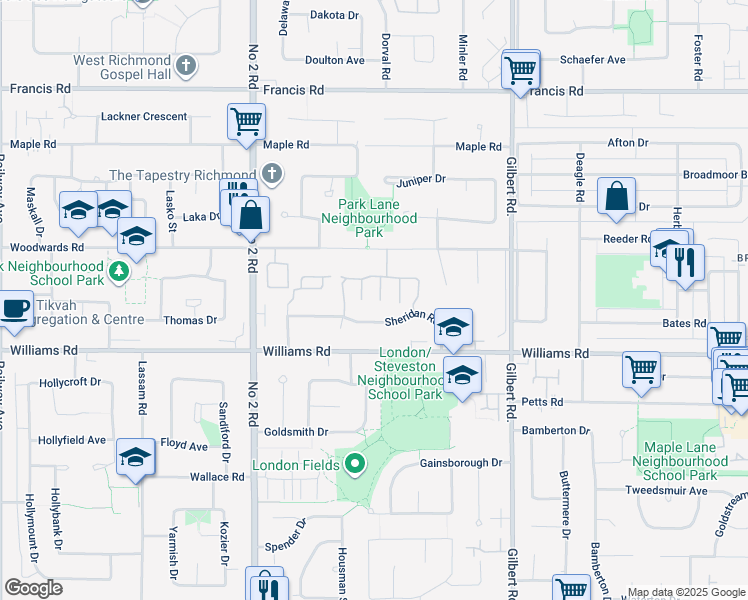 map of restaurants, bars, coffee shops, grocery stores, and more near 6245 Sheridan Road in Richmond
