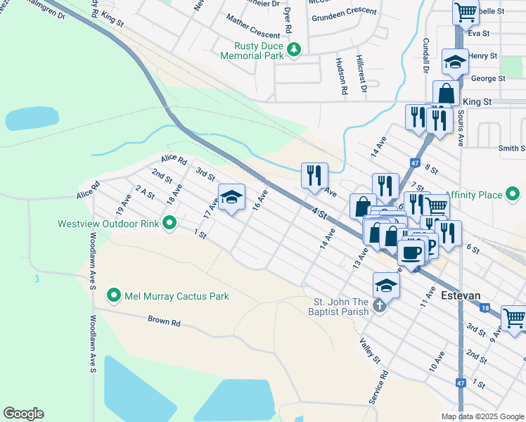 map of restaurants, bars, coffee shops, grocery stores, and more near 1537 3rd Street in Estevan