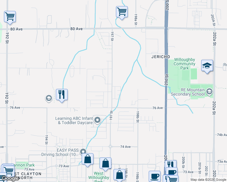 map of restaurants, bars, coffee shops, grocery stores, and more near 7702 197 Street in Langley