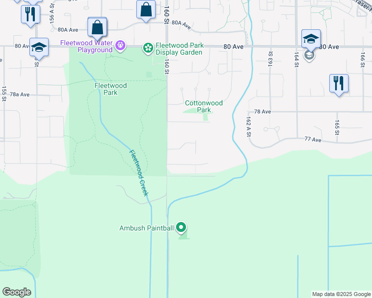 map of restaurants, bars, coffee shops, grocery stores, and more near 16048 77 Avenue in Surrey