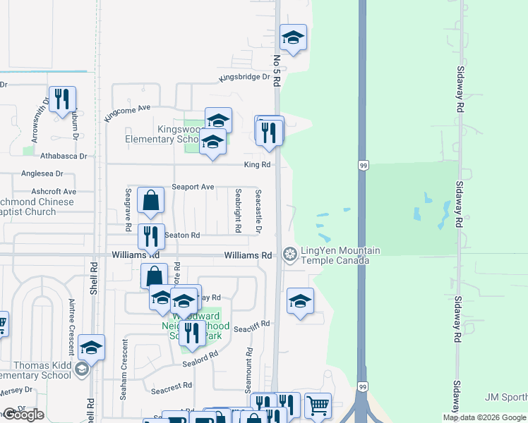 map of restaurants, bars, coffee shops, grocery stores, and more near 9860 Seacastle Drive in Richmond