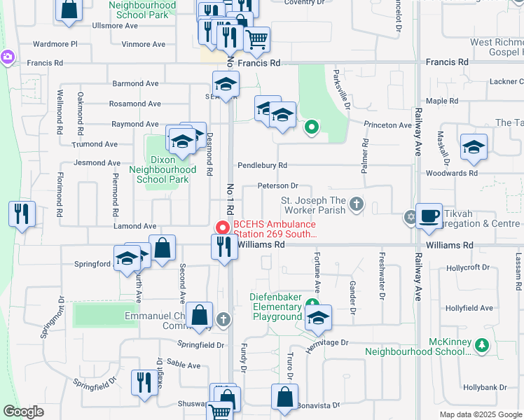 map of restaurants, bars, coffee shops, grocery stores, and more near 9611 Pickering Drive in Richmond