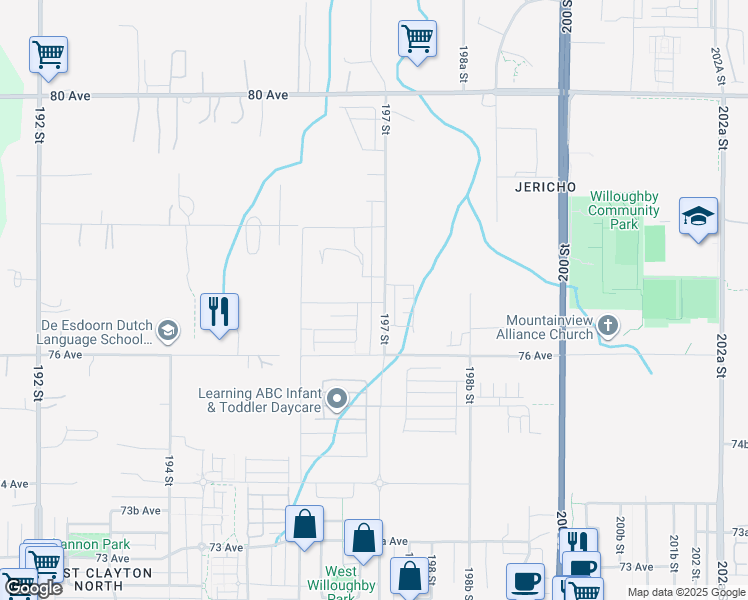 map of restaurants, bars, coffee shops, grocery stores, and more near 7683 197 Street in Langley Township