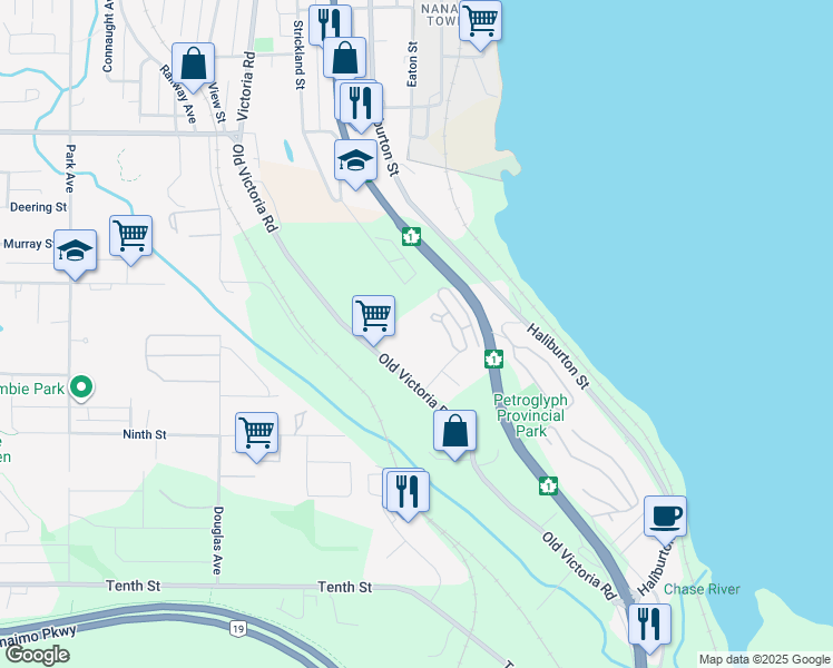 map of restaurants, bars, coffee shops, grocery stores, and more near 125 Bowlsby Street in Nanaimo