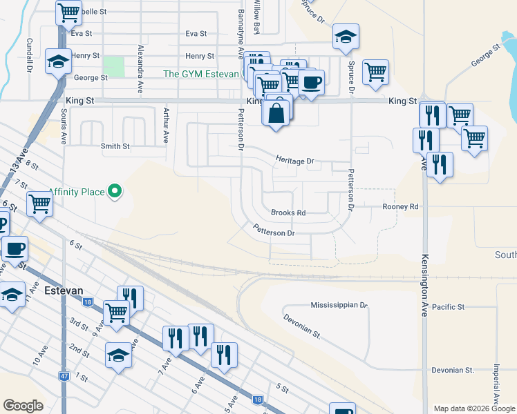 map of restaurants, bars, coffee shops, grocery stores, and more near 446 Brooks Road in Estevan