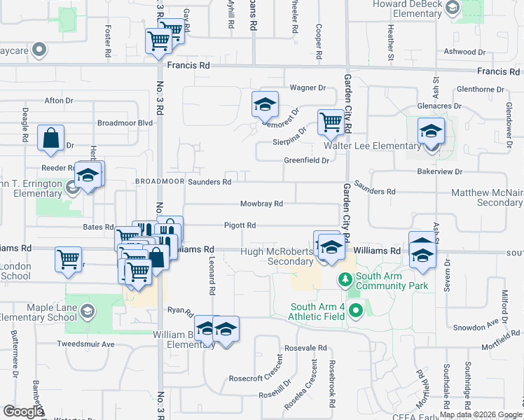 map of restaurants, bars, coffee shops, grocery stores, and more near 8451 Mowbray Road in Richmond