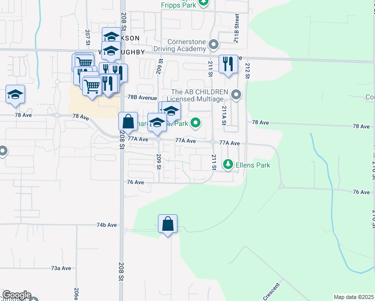 map of restaurants, bars, coffee shops, grocery stores, and more near 7699 210 Street in Langley Township