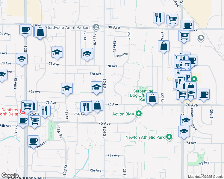 map of restaurants, bars, coffee shops, grocery stores, and more near 7675 125 Street in Surrey