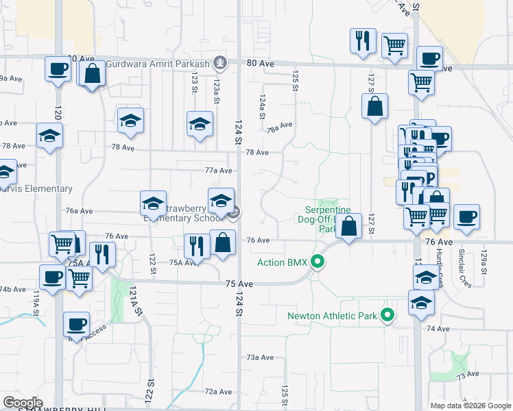 map of restaurants, bars, coffee shops, grocery stores, and more near 7675 125 Street in Surrey