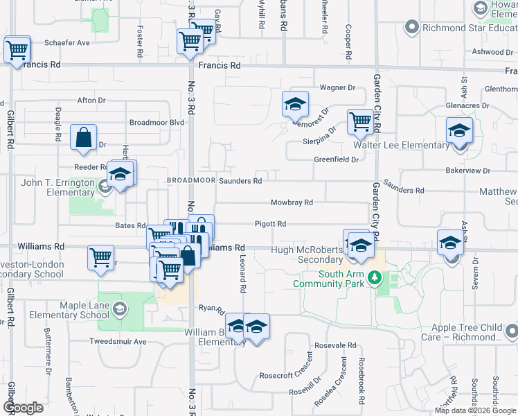 map of restaurants, bars, coffee shops, grocery stores, and more near 8320 Mowbray Road in Richmond