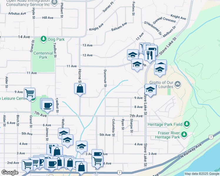 map of restaurants, bars, coffee shops, grocery stores, and more near 33480 10th Avenue in Mission