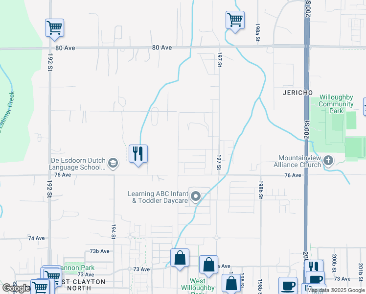 map of restaurants, bars, coffee shops, grocery stores, and more near 7678 196 Street in Surrey