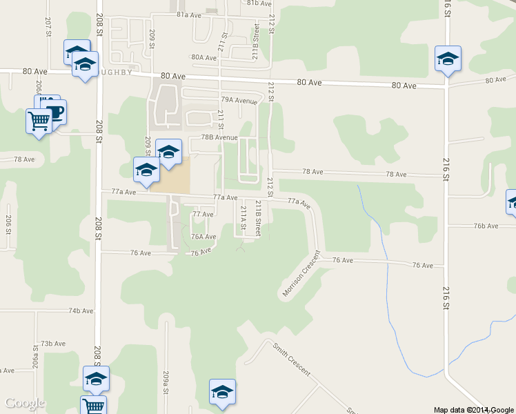 map of restaurants, bars, coffee shops, grocery stores, and more near 7727 211B Street in Langley