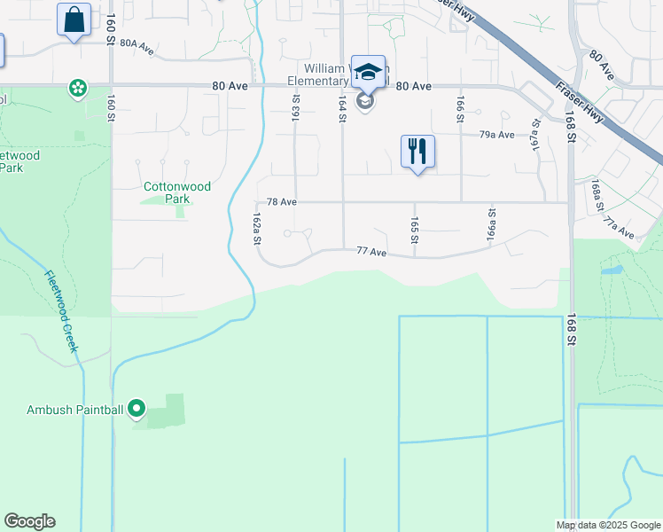 map of restaurants, bars, coffee shops, grocery stores, and more near 16374 77 Avenue in Surrey