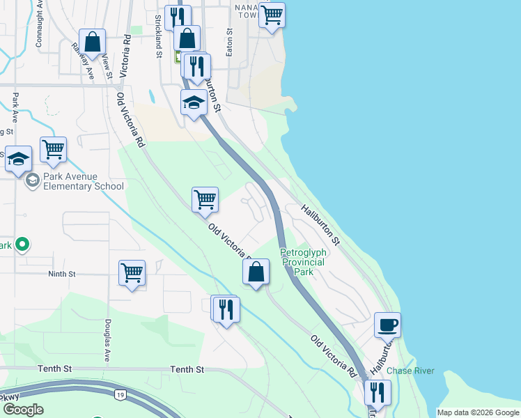 map of restaurants, bars, coffee shops, grocery stores, and more near 185 Bowlsby Street in Nanaimo