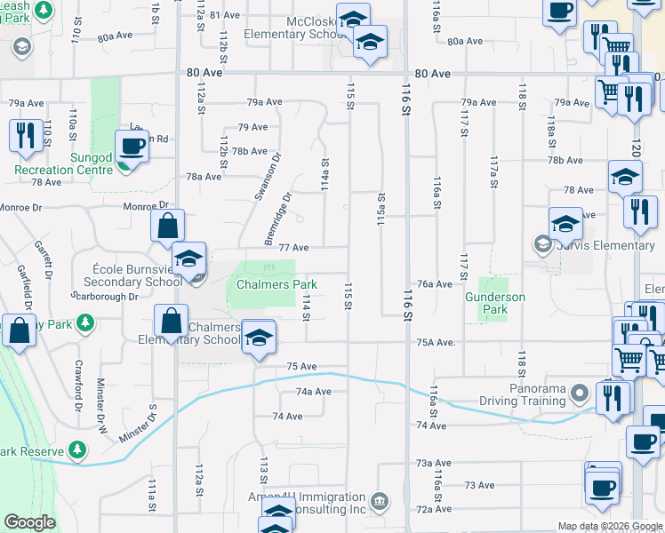 map of restaurants, bars, coffee shops, grocery stores, and more near 11462 77 Avenue in Delta