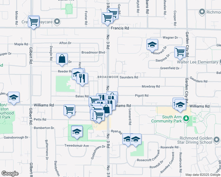 map of restaurants, bars, coffee shops, grocery stores, and more near 9620 Number 3 Road in Richmond