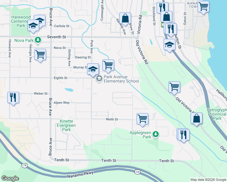 map of restaurants, bars, coffee shops, grocery stores, and more near 319 Eighth Street in Nanaimo