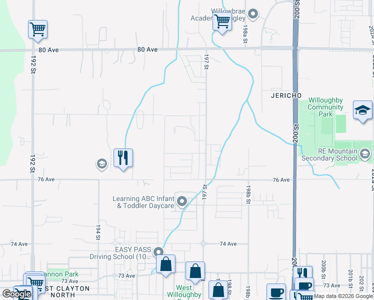 map of restaurants, bars, coffee shops, grocery stores, and more near 19667 76B Avenue in Langley Township