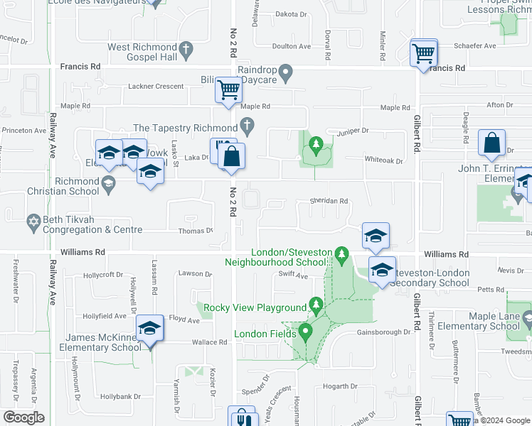 map of restaurants, bars, coffee shops, grocery stores, and more near 9880 Parsons Road in Richmond