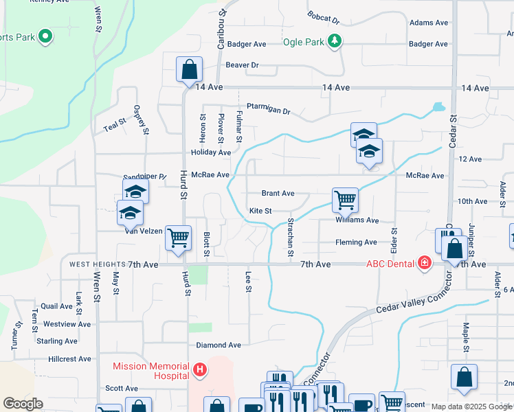 map of restaurants, bars, coffee shops, grocery stores, and more near 32369 Grebe Crescent in Mission