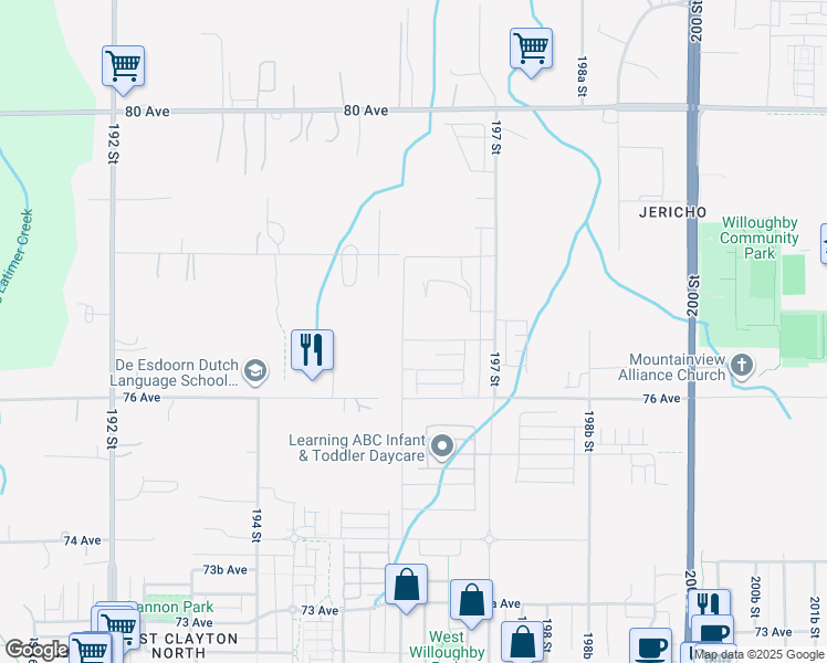 map of restaurants, bars, coffee shops, grocery stores, and more near 7682 196 Street in Surrey