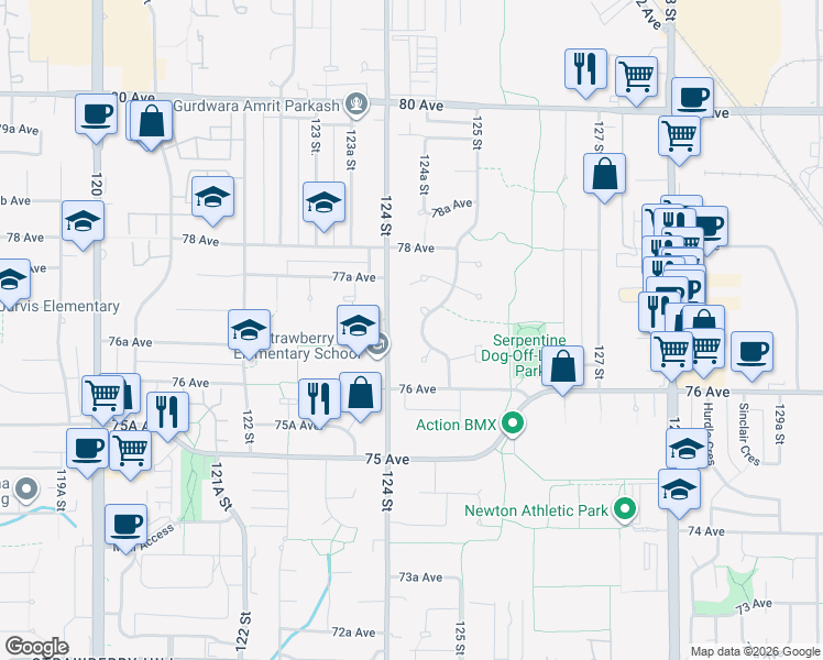 map of restaurants, bars, coffee shops, grocery stores, and more near 7681 125 Street in Surrey