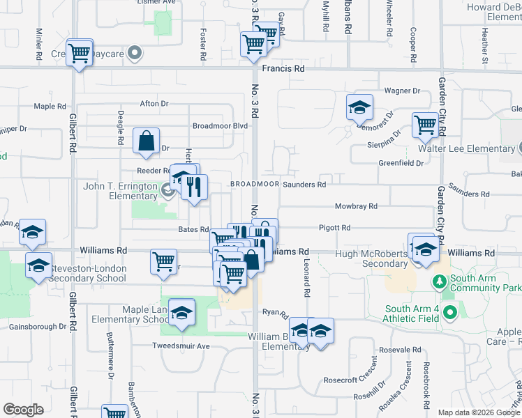 map of restaurants, bars, coffee shops, grocery stores, and more near 9620 Number 3 Road in Richmond
