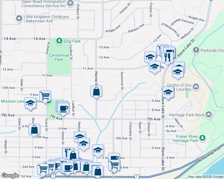 map of restaurants, bars, coffee shops, grocery stores, and more near 7718 Alpine Place in Mission
