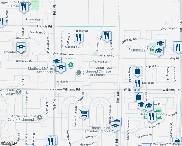 map of restaurants, bars, coffee shops, grocery stores, and more near 10531 Anahim Drive in Richmond