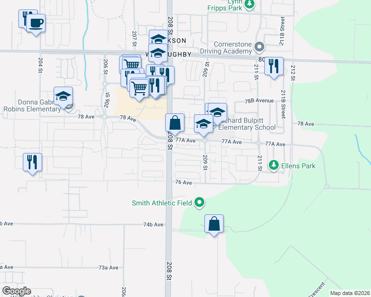 map of restaurants, bars, coffee shops, grocery stores, and more near in Langley Township