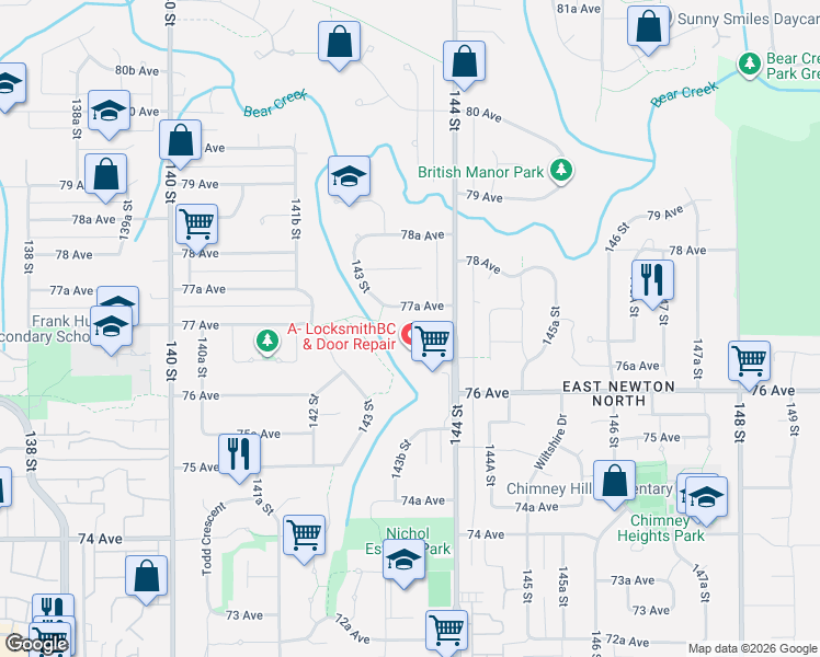 map of restaurants, bars, coffee shops, grocery stores, and more near 14337 77 Avenue in Surrey