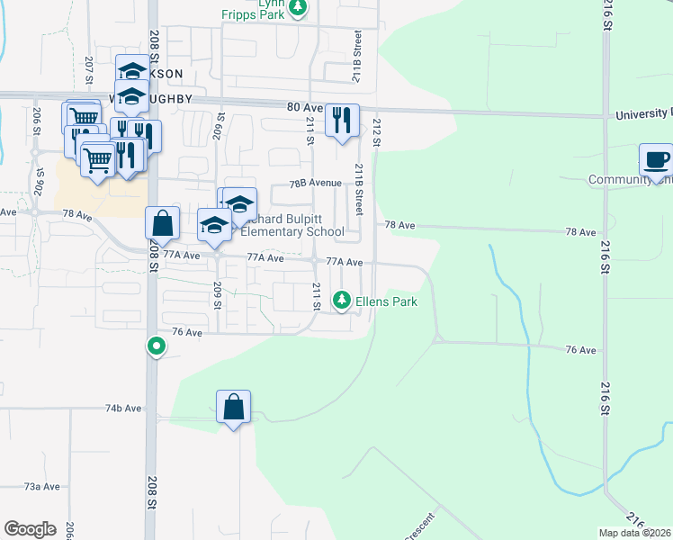 map of restaurants, bars, coffee shops, grocery stores, and more near 7717 211A Street in Langley Township