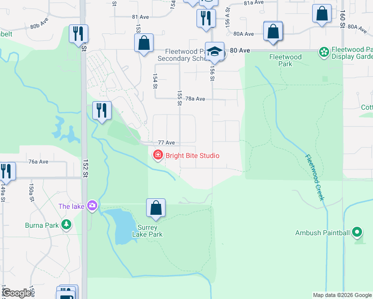 map of restaurants, bars, coffee shops, grocery stores, and more near 7701 155 Street in Surrey