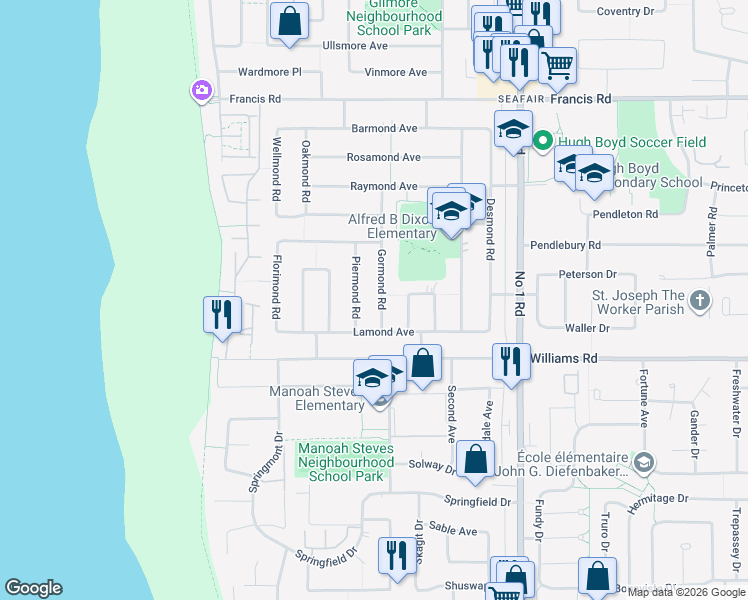 map of restaurants, bars, coffee shops, grocery stores, and more near 9511 Gormond Road in Richmond