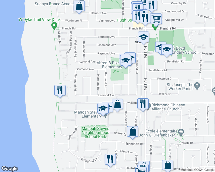 map of restaurants, bars, coffee shops, grocery stores, and more near 9520 Gormond Road in Richmond
