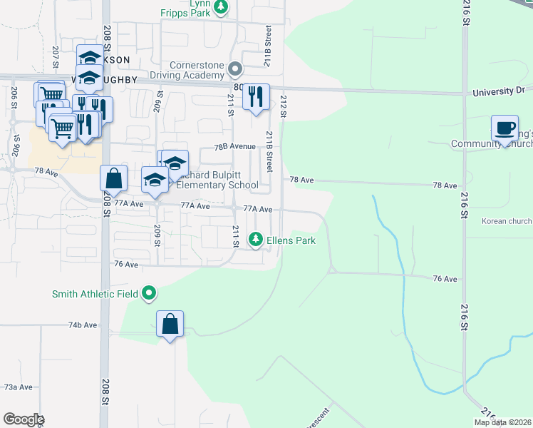 map of restaurants, bars, coffee shops, grocery stores, and more near 7727 211B Street in Langley Township