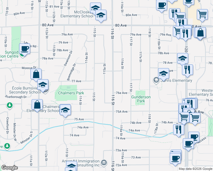 map of restaurants, bars, coffee shops, grocery stores, and more near 7684 115A Street in Delta