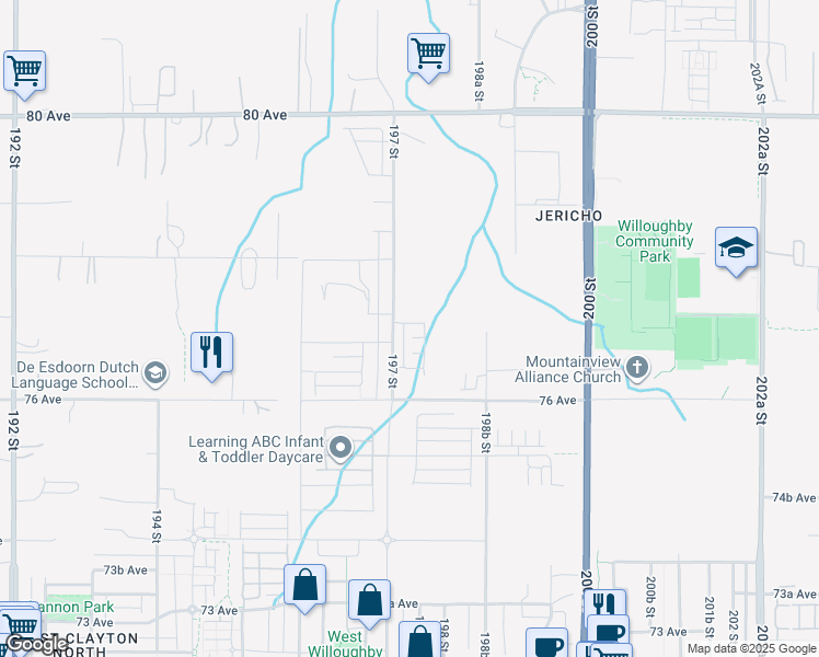 map of restaurants, bars, coffee shops, grocery stores, and more near 7640 197 Street in Langley Township