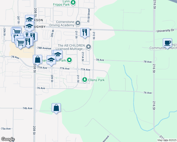map of restaurants, bars, coffee shops, grocery stores, and more near 77 211B Street in Langley
