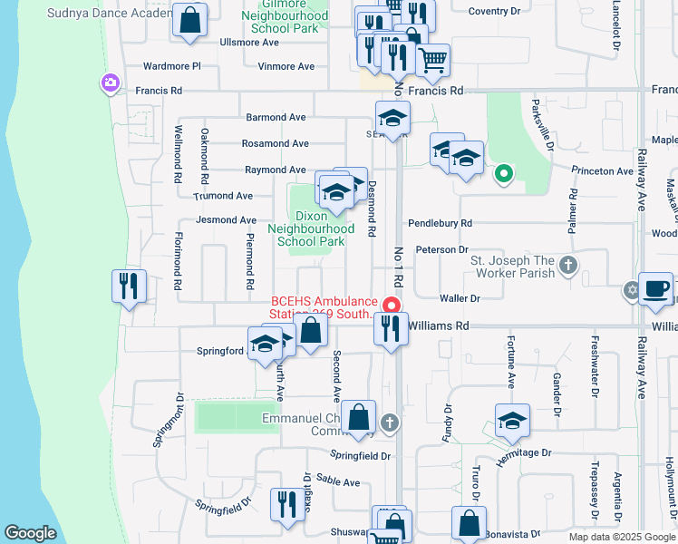 map of restaurants, bars, coffee shops, grocery stores, and more near 9571 Diamond Road in Richmond