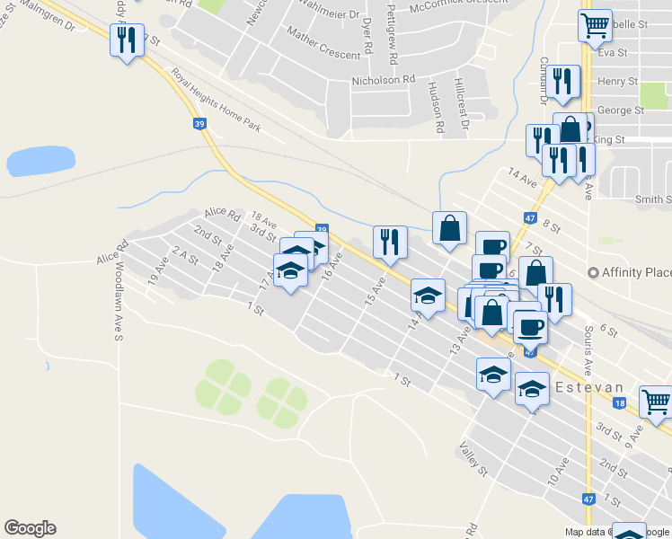 map of restaurants, bars, coffee shops, grocery stores, and more near 1537 3rd Street in Estevan