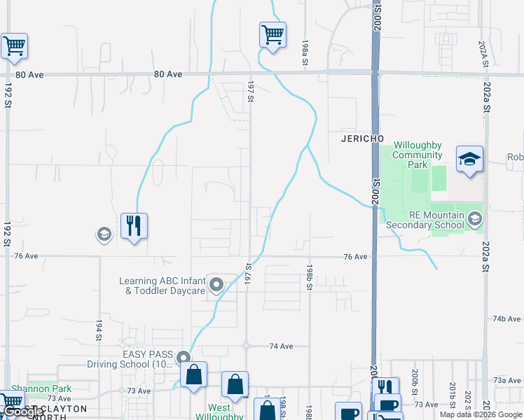 map of restaurants, bars, coffee shops, grocery stores, and more near 7640 197 Street in Langley Township