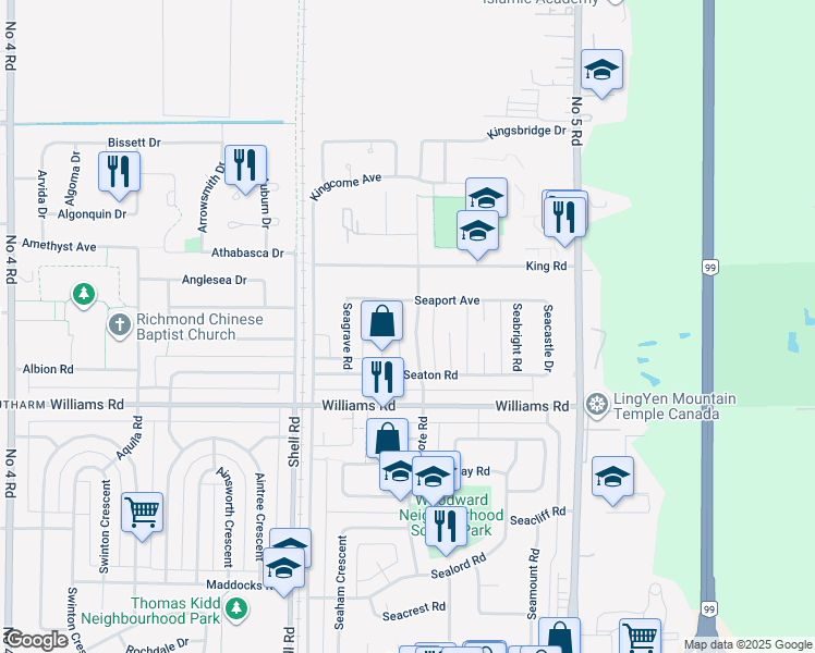 map of restaurants, bars, coffee shops, grocery stores, and more near 9771 Seacote Road in Richmond