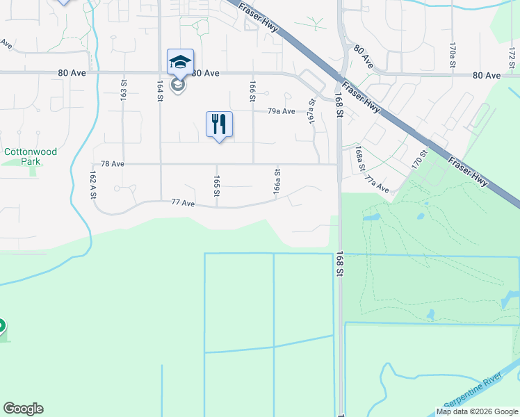 map of restaurants, bars, coffee shops, grocery stores, and more near 16592 77 Avenue in Surrey