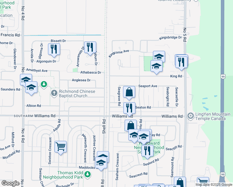map of restaurants, bars, coffee shops, grocery stores, and more near 9771 Seagrave Road in Richmond